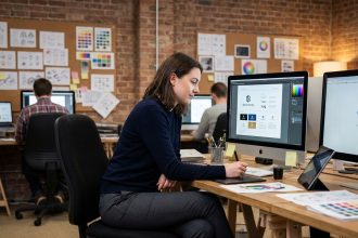 Jeune designeuse graphique travaillant sur une identité visuelle dans un studio moderne avec écrans et esquisses typographiques