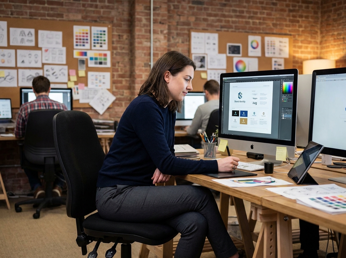 Jeune designeuse graphique travaillant sur une identité visuelle dans un studio moderne avec écrans et esquisses typographiques