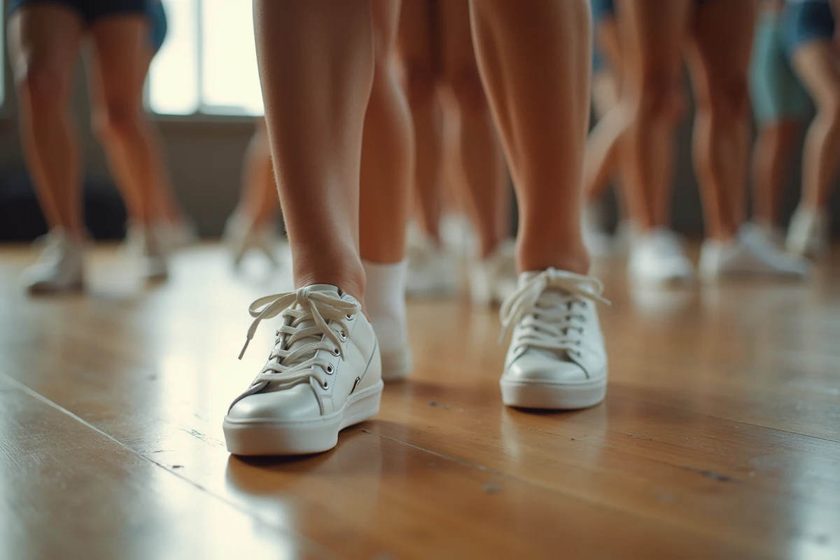 Gros plan sur les pieds en baskets blanches de danseurs pratiquant le pas de Madison sur parquet, choré de groupe EVJF EVG