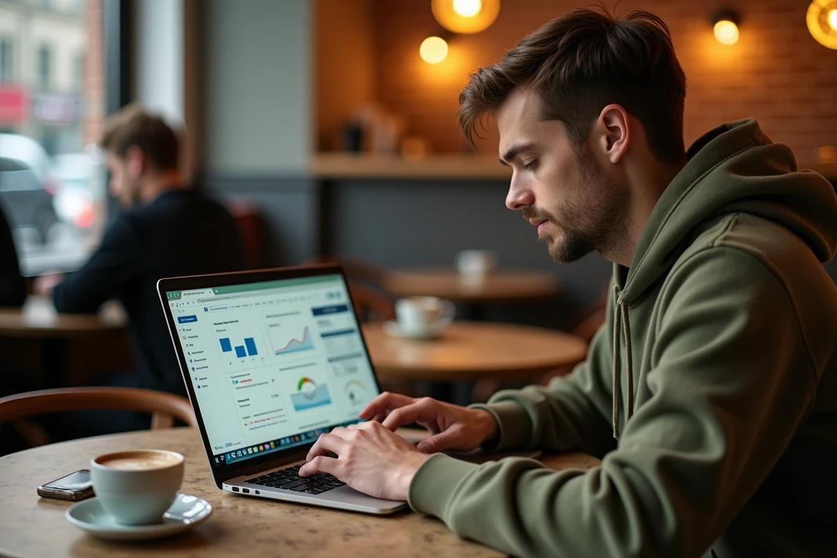 Développeur freelance optimisant des outils de prix IA sur son ordinateur portable dans un café parisien