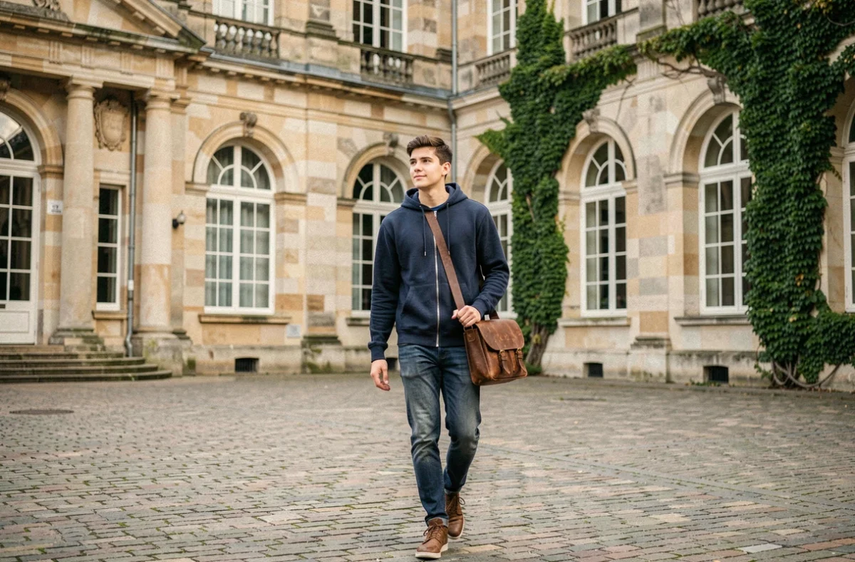 Étudiant marchant dans la cour de l'École Centrale Lille avec son bâtiment néoclassique en arrière-plan