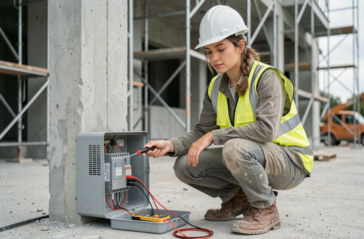 Électricienne diplômée BTP travaillant sur un chantier de construction avec des outils professionnels