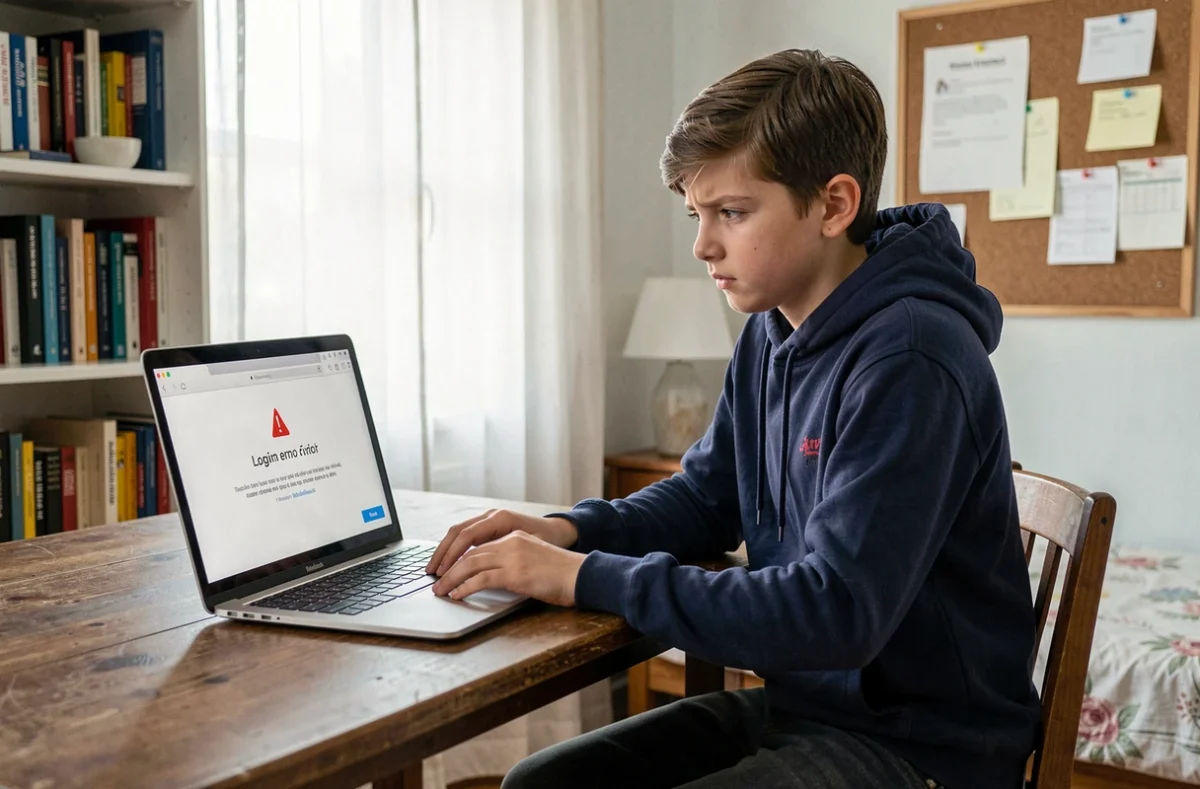 Élève lycéen frustré face à une erreur de connexion sur le portail Edu Normandie sur son ordinateur portable dans sa chambre
