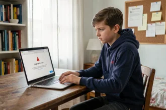 Élève lycéen frustré face à une erreur de connexion sur le portail Edu Normandie sur son ordinateur portable dans sa chambre