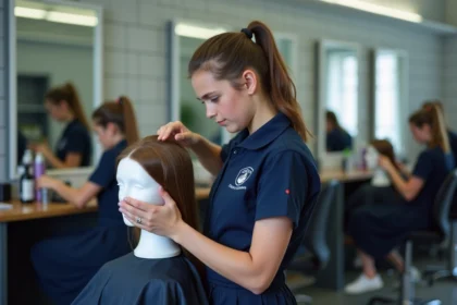 Élève de lycée professionnel en uniforme pratiquant la coiffure sur un mannequin dans un salon d'apprentissage