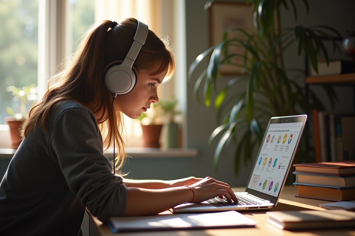 Étudiant à domicile concentré sur son ordinateur portable avec outils d