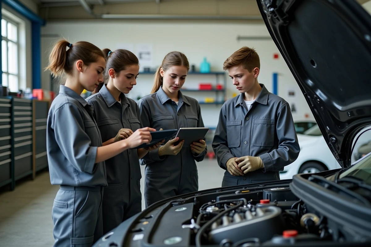 Groupe d'élèves de terminale professionnelle en mécanique automobile collaborant autour d'un moteur en atelier