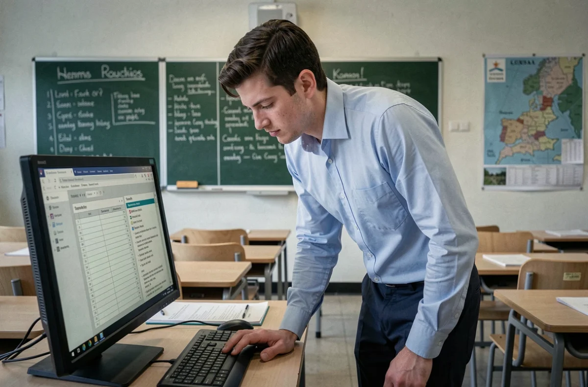 Enseignant vérifiant les paramètres de connexion au portail Edu Normandie sur un ordinateur dans une salle de classe vide
