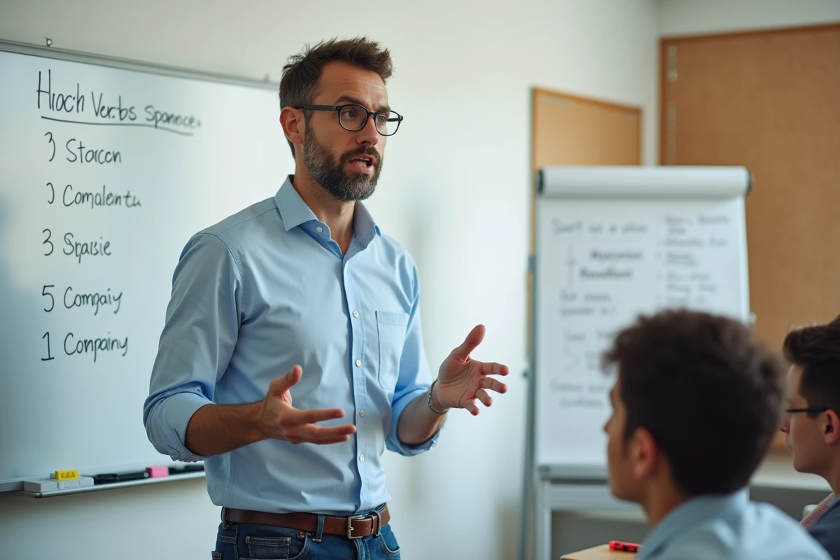 Homme expliquant des conjugaisons espagnoles au tableau en classe moderne