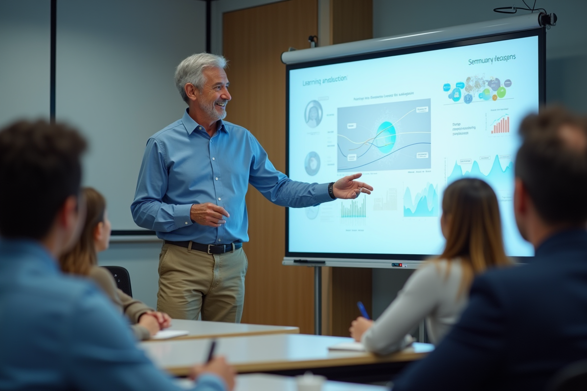 Enseignant avec tableau interactif et étudiants