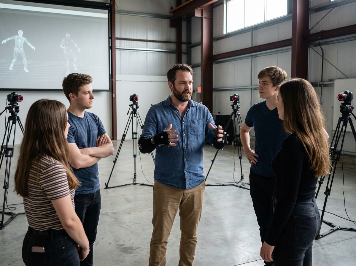 Instructeur montrant un costume de capture de mouvement en studio