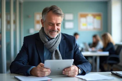 Professeur souriant utilisant une tablette dans une salle moderne