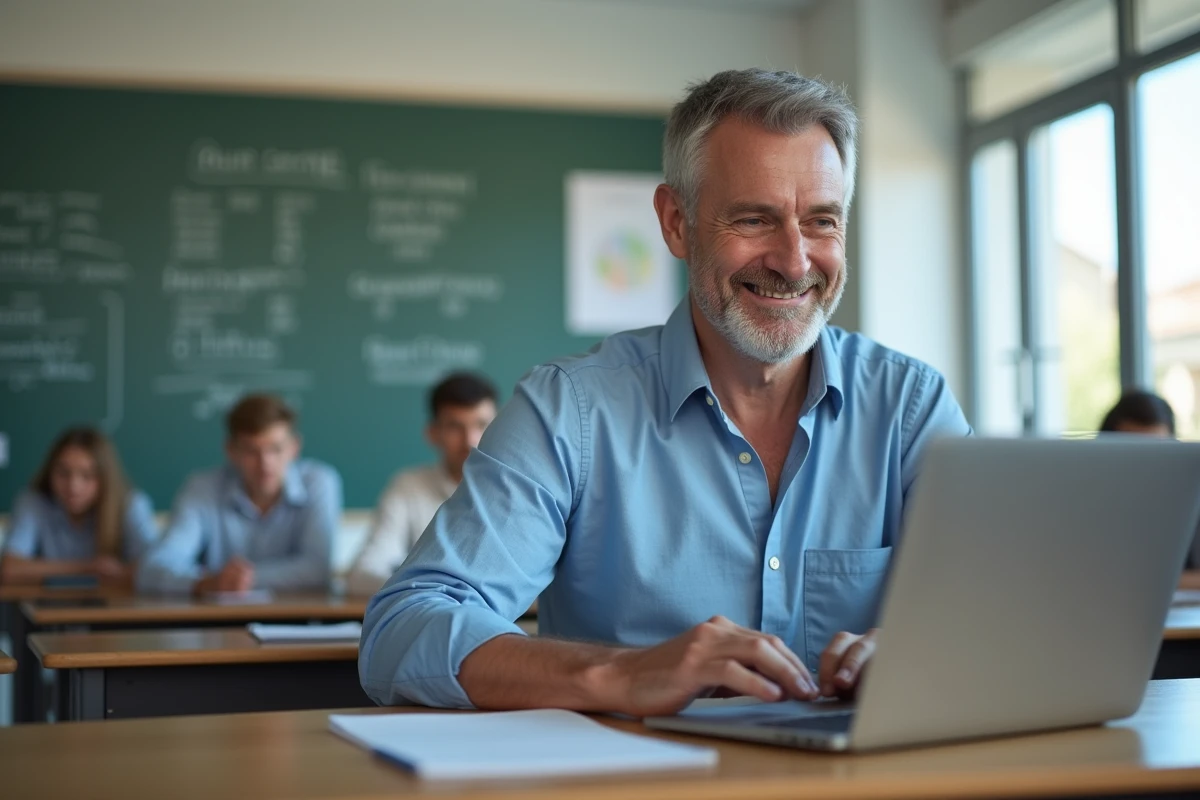 Professeur souriant utilisant un ordinateur en classe