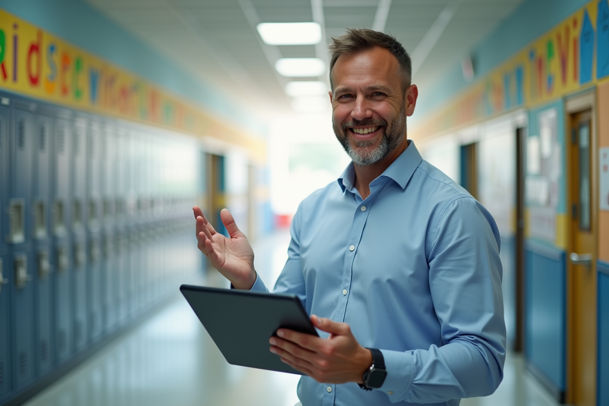 Enseignant souriant dans un couloir d