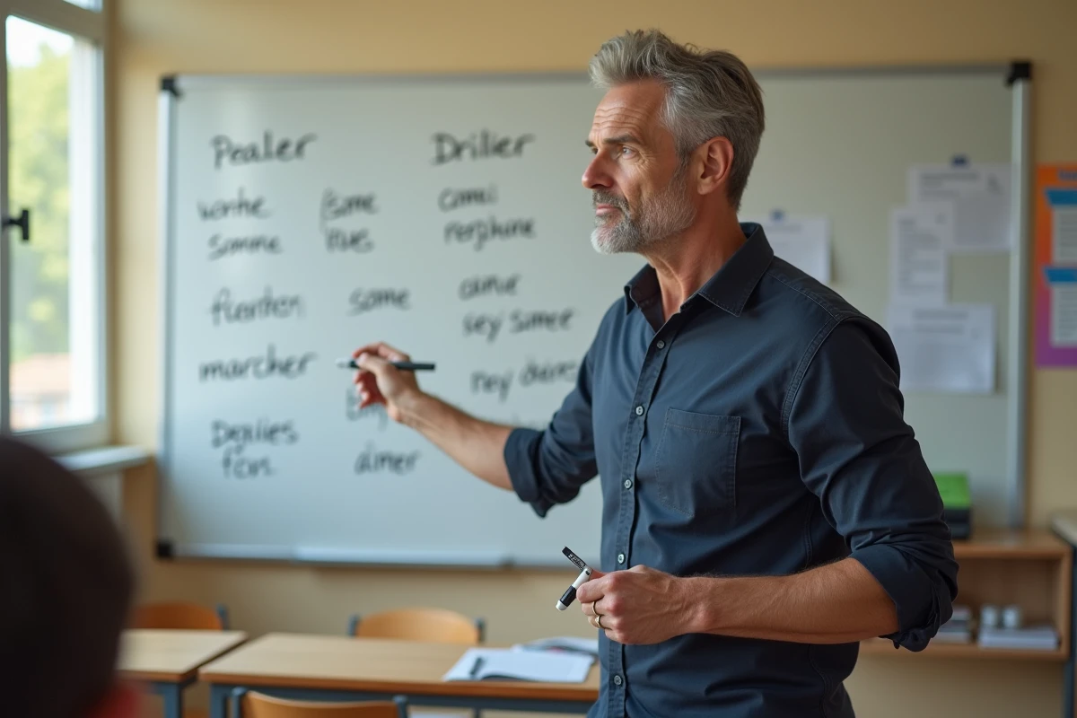 Enseignant de français debout devant un tableau blanc avec des verbes du premier groupe écrits au marqueur dans une salle de classe