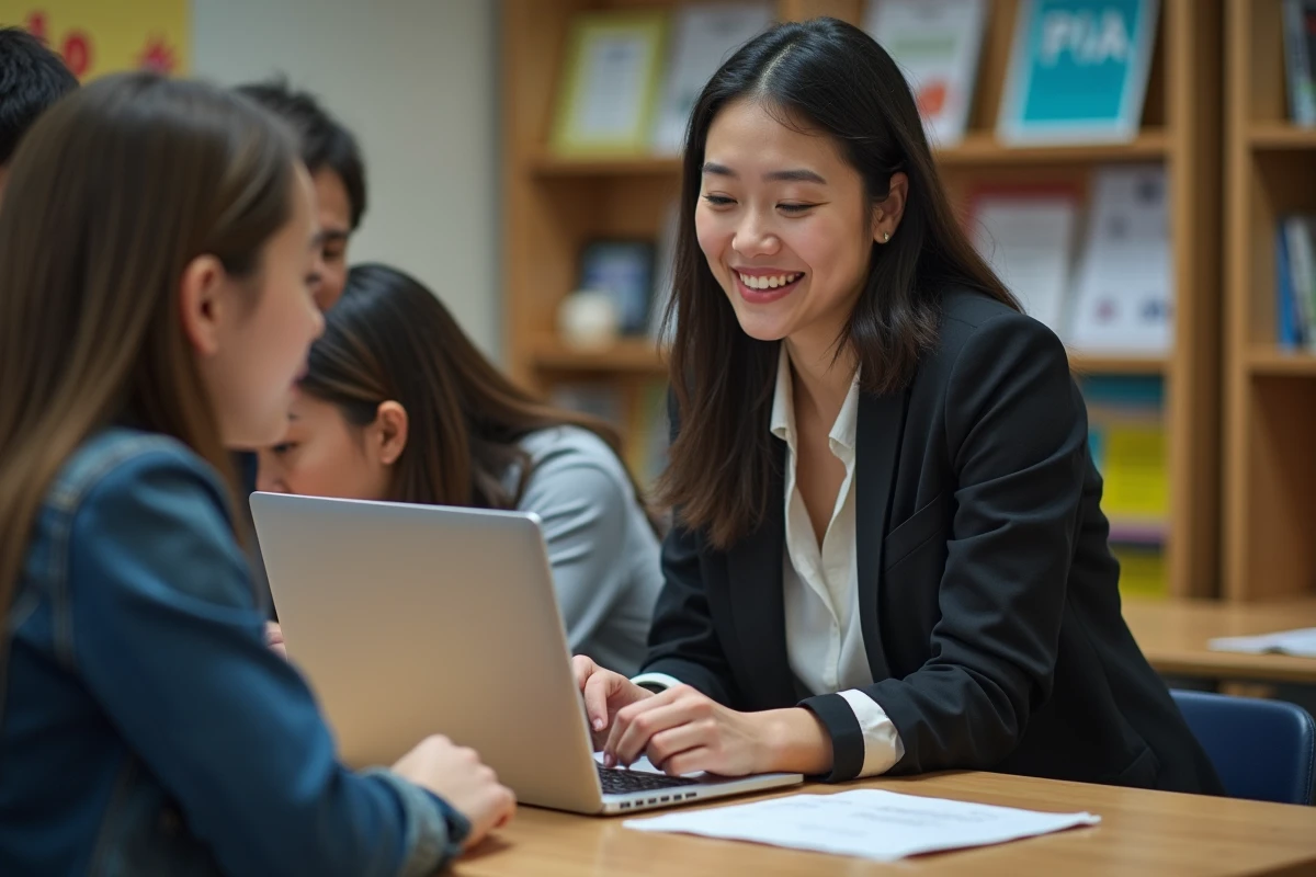 Enseignante interagissant avec des &eacute;tudiants autour d&rsquo;un ordinateur