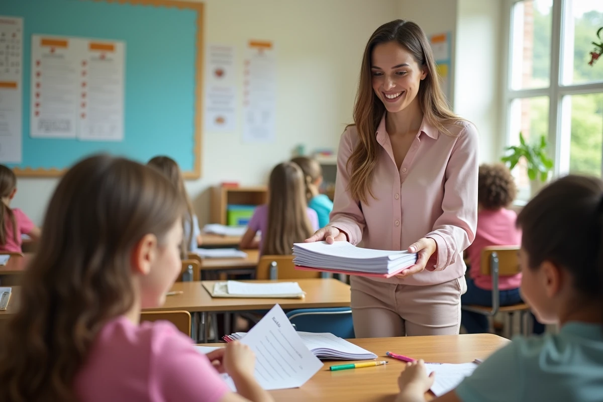 Enseignante distribuant des fiches de lecture aux &eacute;l&egrave;ves