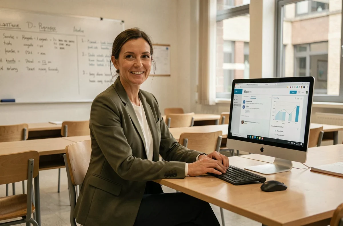 Enseignante utilisant l'ENT Elcyo sur un ordinateur de bureau dans une salle de classe