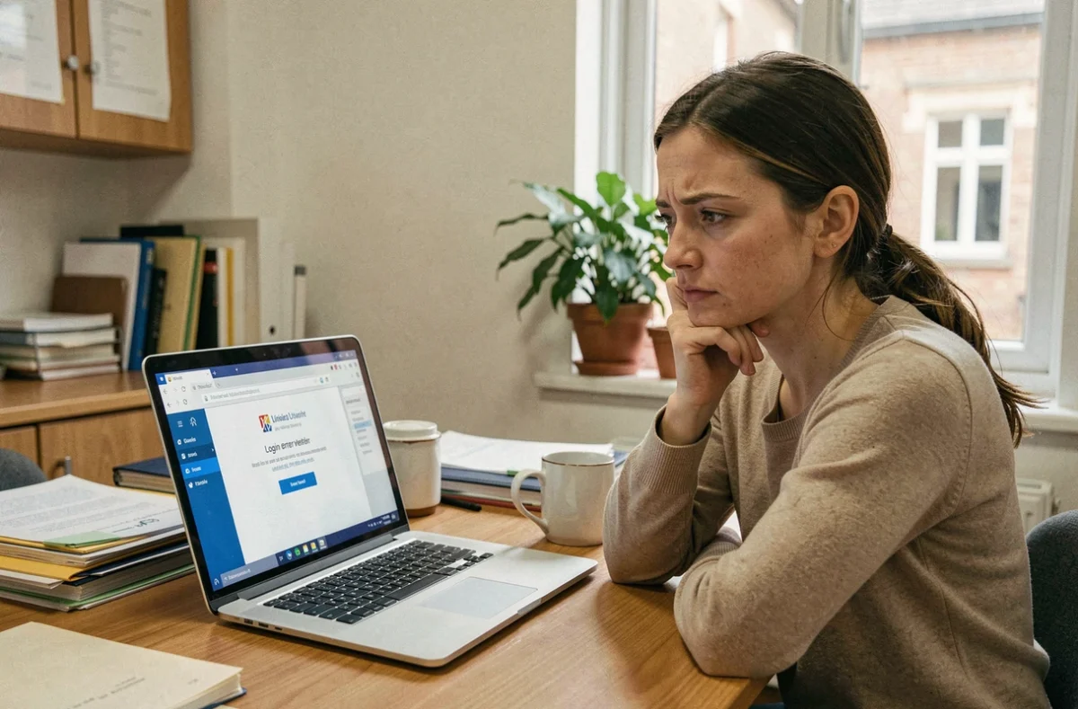 Enseignante frustrée face à une erreur de connexion sur la messagerie académique Amiens sur son ordinateur portable