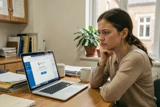 Enseignante frustrée face à une erreur de connexion sur la messagerie académique Amiens sur son ordinateur portable