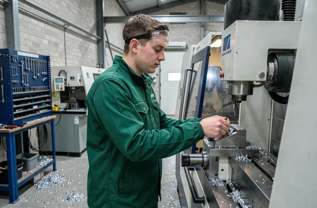 Étudiant opérant une fraiseuse CNC dans l'atelier de fabrication de précision de l'ENSIAME Valenciennes
