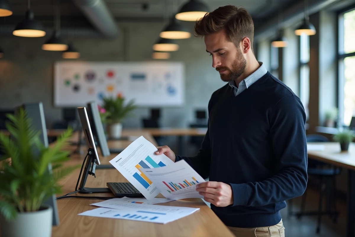 Entrepreneur analysant des rapports de campagne emailing dans un espace de coworking moderne