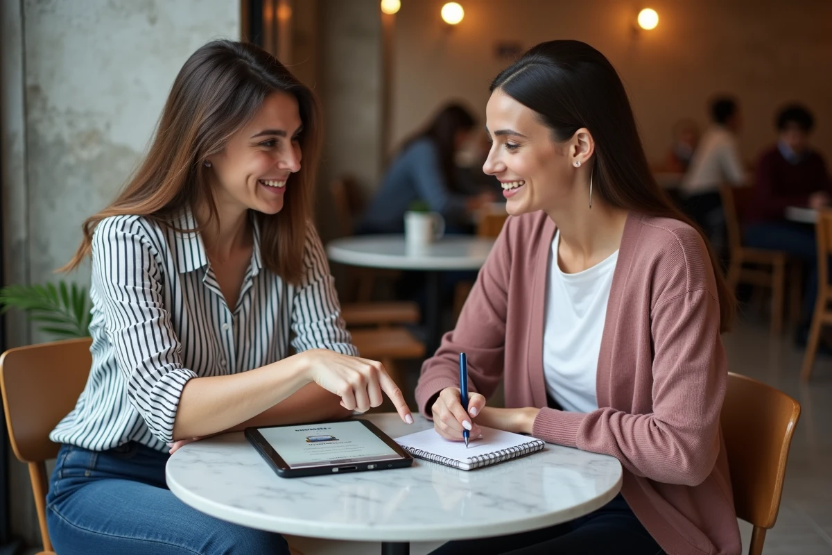 Deux entrepreneures discutant d'un abonnement formation marketing digital autour d'un café