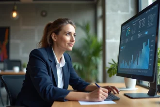 Entrepreneuse analysant des tableaux de prix IA sur un écran dans un bureau moderne pour rentabiliser ses investissements