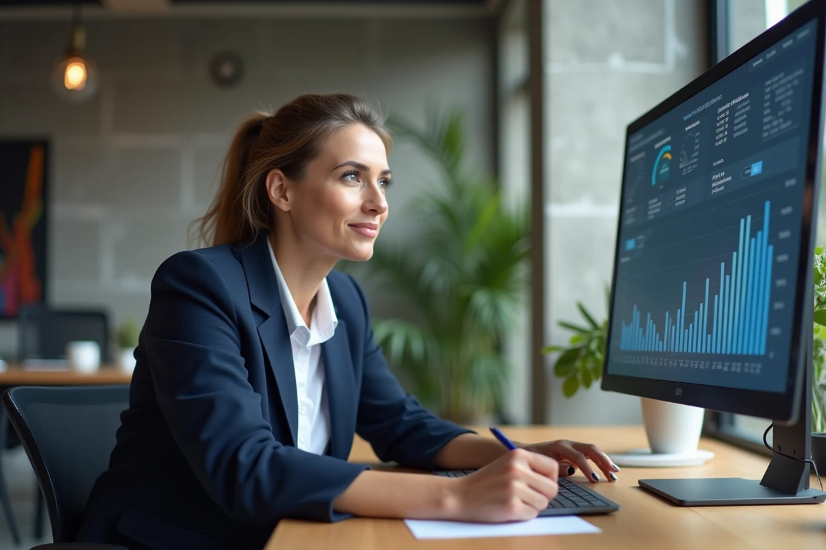 Entrepreneuse analysant des tableaux de prix IA sur un écran dans un bureau moderne pour rentabiliser ses investissements