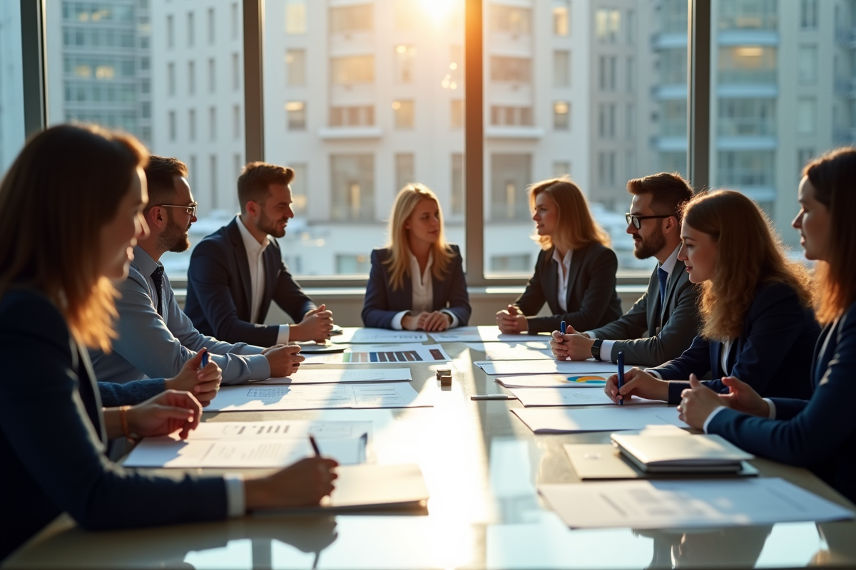Groupe de professionnels d'affaires discutant autour de graphiques colorés