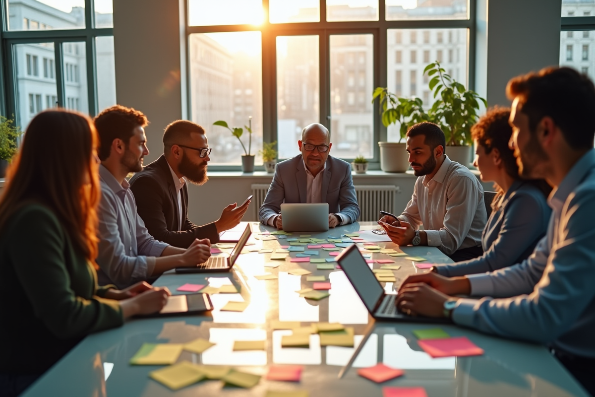 Equipe diverse en brainstorming stratégie innovante