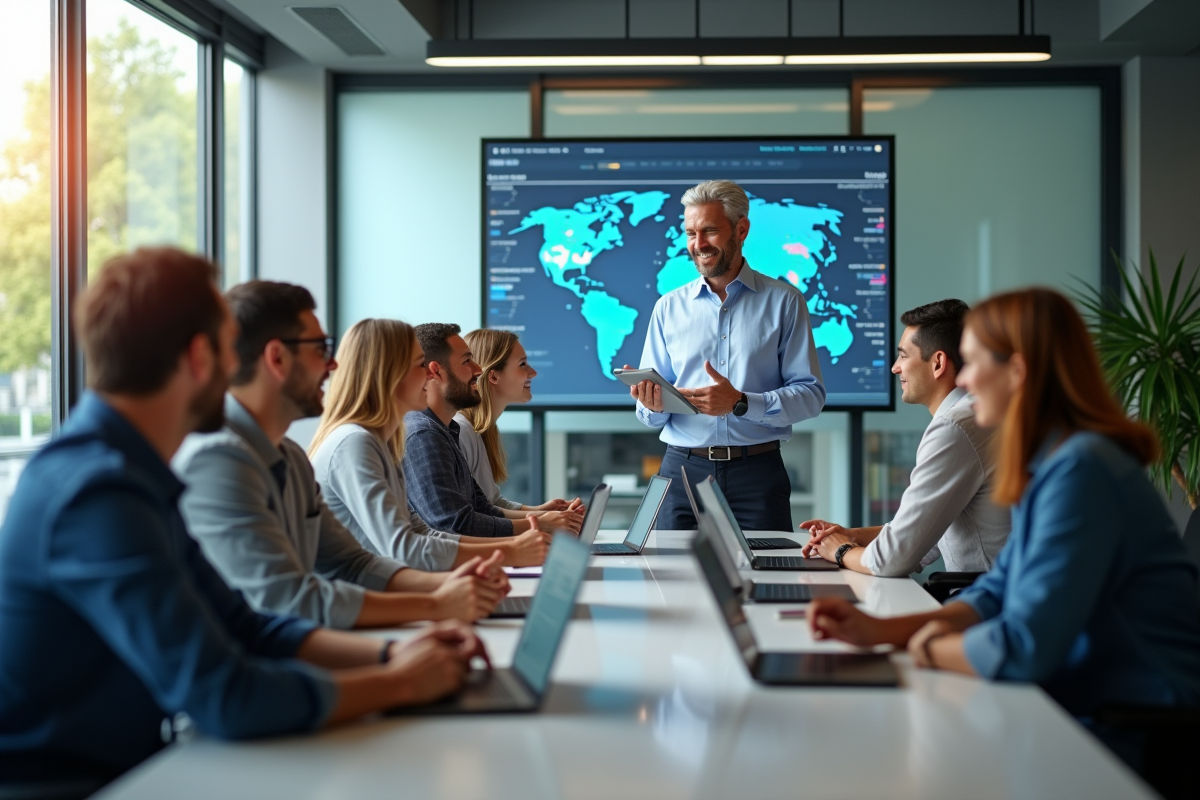 Équipe diverse collaborant dans un bureau lumineux
