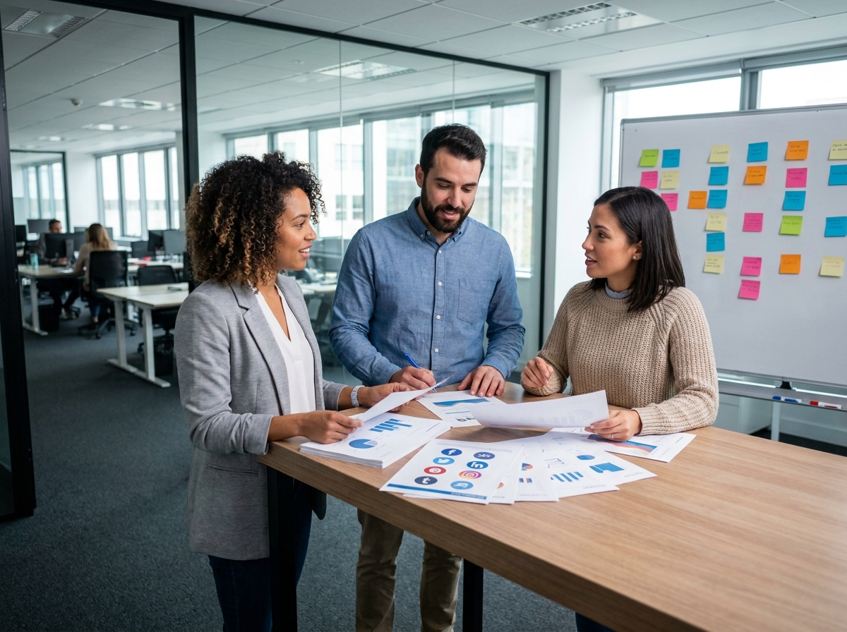 Équipe RH discutant des stratégies de recrutement via les réseaux sociaux en réunion dans un bureau moderne