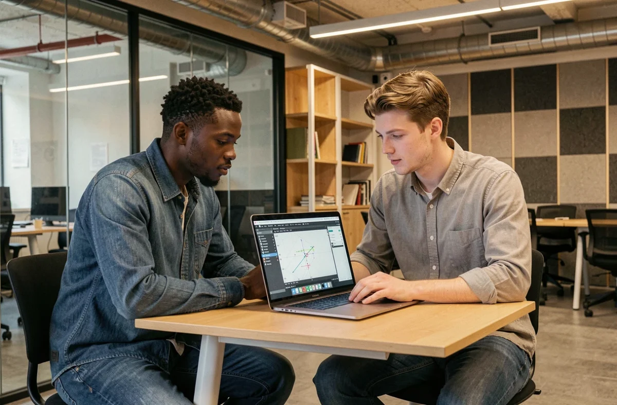 Deux étudiants collaborant sur un logiciel de simulation ingénierie dans une salle de projet à l'ESME Lille