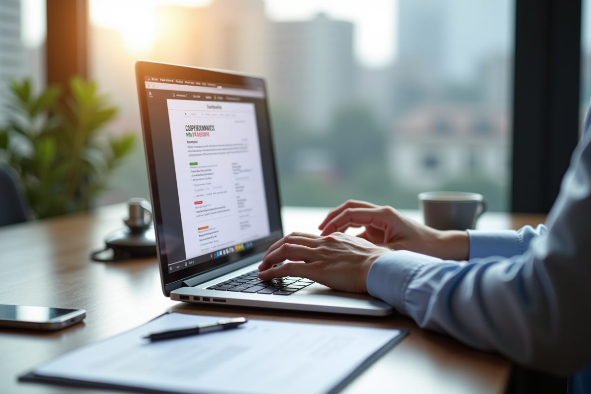 Espace de travail moderne avec un ordinateur portable affichant un CV bilingue