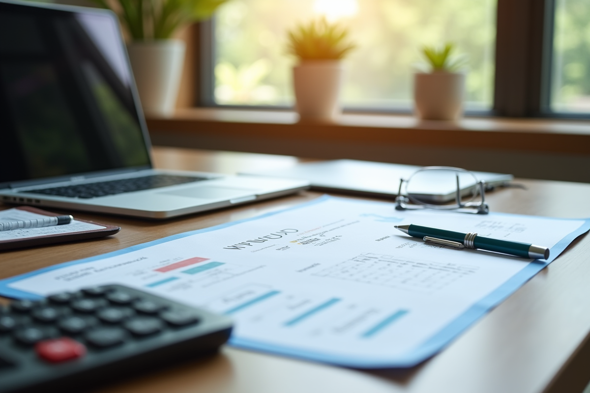 Espace de travail professionnel avec ordinateur et documents financiers