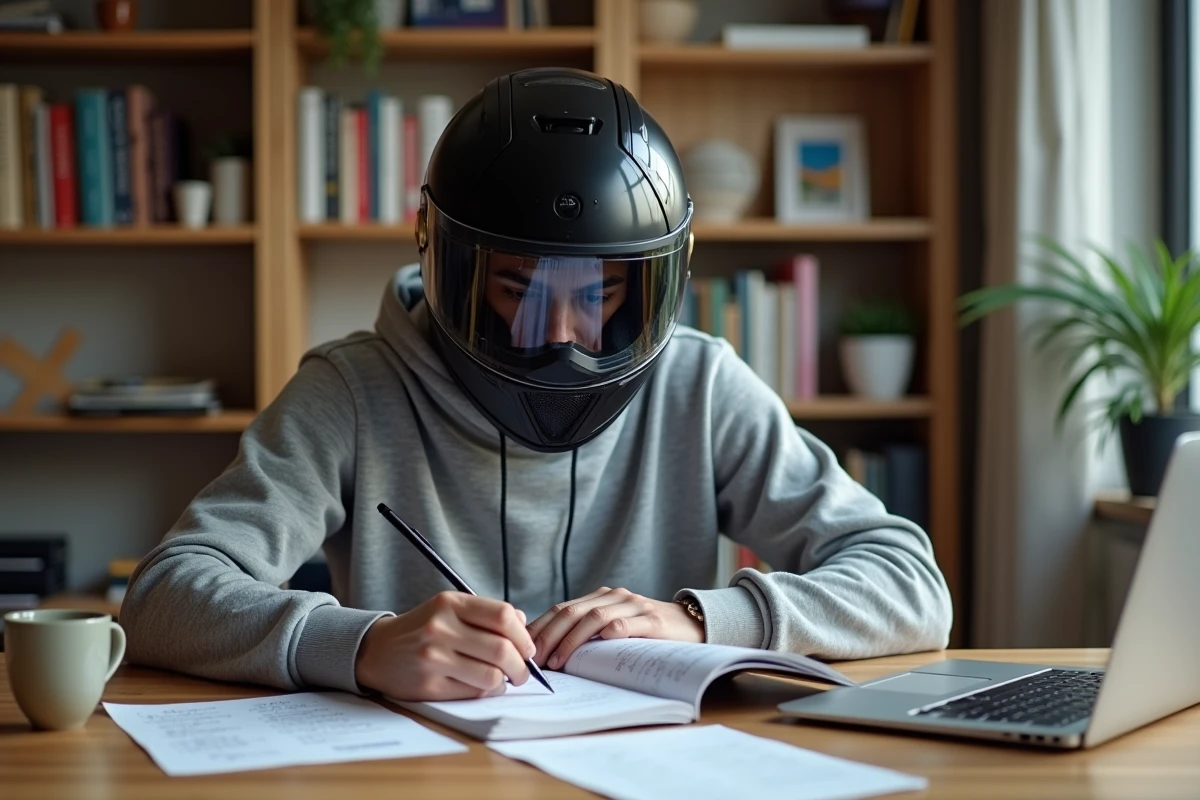 Jeune homme étudiant le code de la route moto avec un manuel et un casque posé sur le bureau