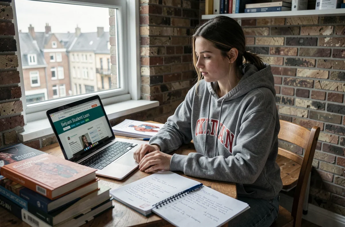Étudiante en kinésithérapie révisant ses cours dans un appartement étudiant avec des livres d'anatomie et un ordinateur portable affichant des informations sur les bourses d'études en Belgique
