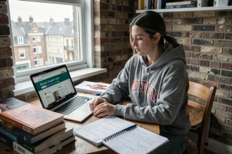 Étudiante en kinésithérapie révisant ses cours dans un appartement étudiant avec des livres d'anatomie et un ordinateur portable affichant des informations sur les bourses d'études en Belgique