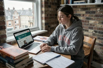 Étudiante en kinésithérapie révisant ses cours dans un appartement étudiant avec des livres d'anatomie et un ordinateur portable affichant des informations sur les bourses d'études en Belgique