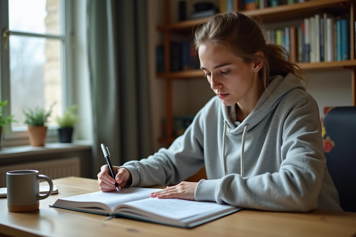 Jeune femme étudiant les questions du permis de conduire avec un livret de code de la route sur un bureau en bois