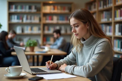 &Eacute;tudiant en biblioth&egrave;que travaillant sur son ordinateur portable
