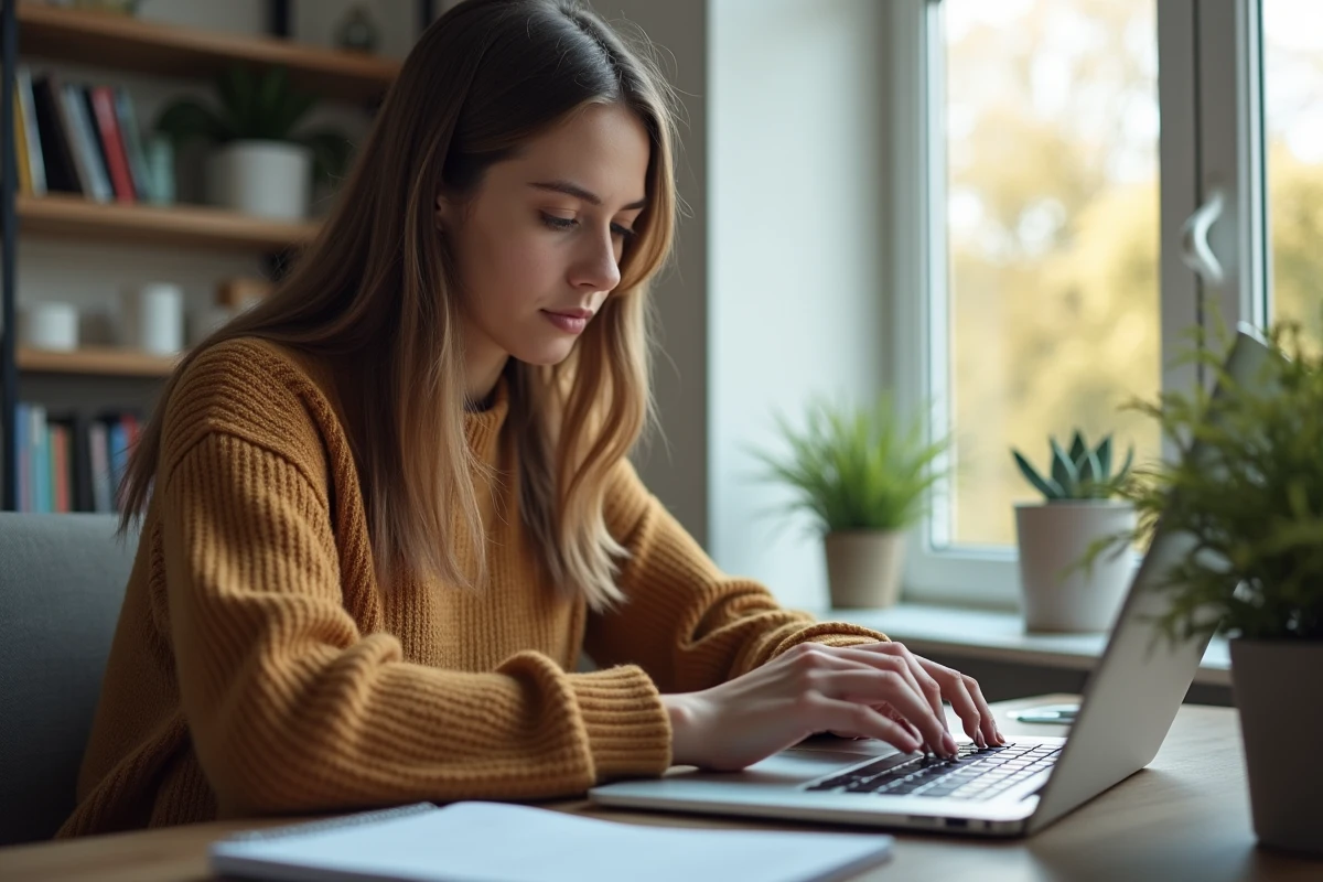 Etudiant concentré travaillant sur son ordinateur dans un bureau lumineux
