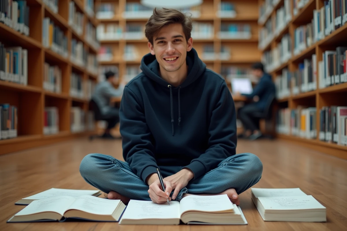 Étudiant universitaire assis par terre dans une bibliothèque entouré de manuels avec des listes de connecteurs logiques manuscrites