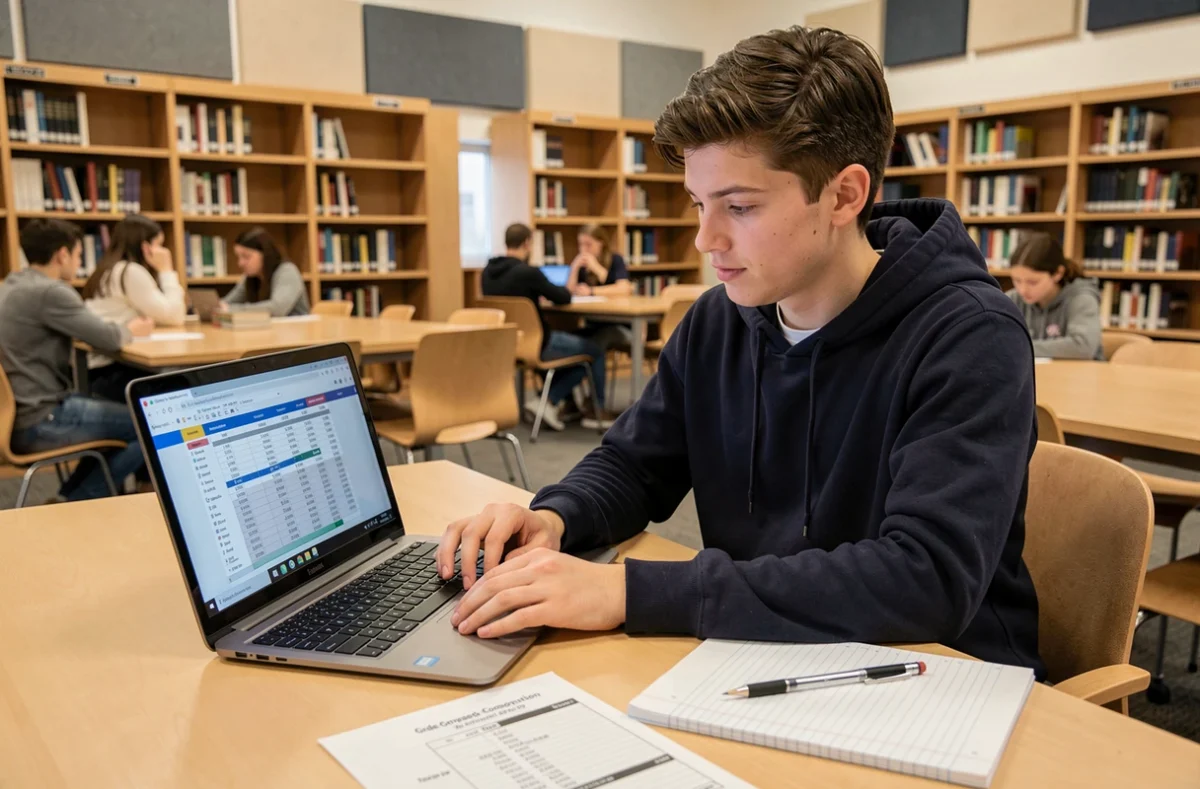 Étudiant en bibliothèque comparant une grille de conversion de notes sur ordinateur portable et feuille imprimée