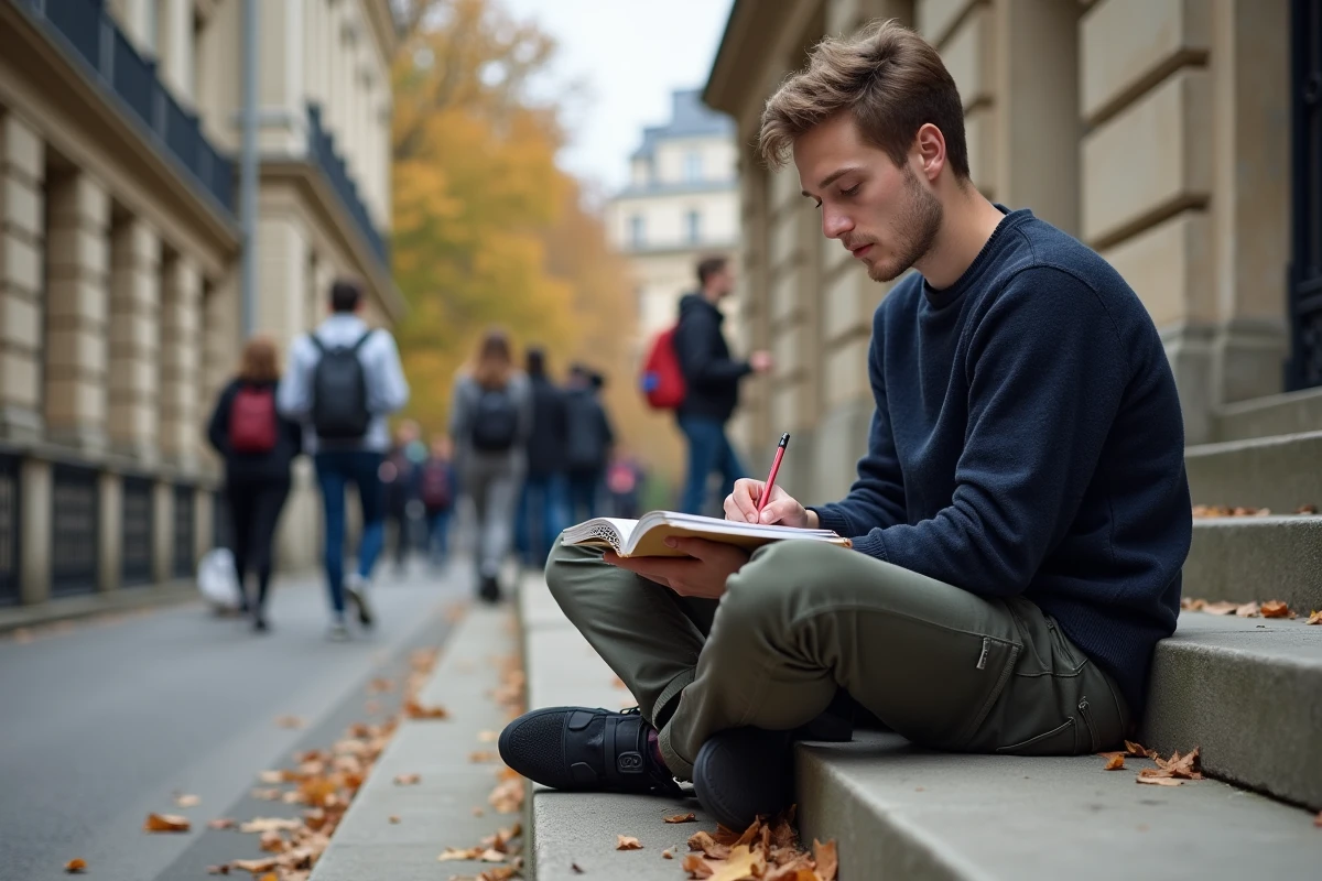 Étudiant dessinant dans un carnet sur les marches extérieures d'un bâtiment scolaire parisien près des Gobelins