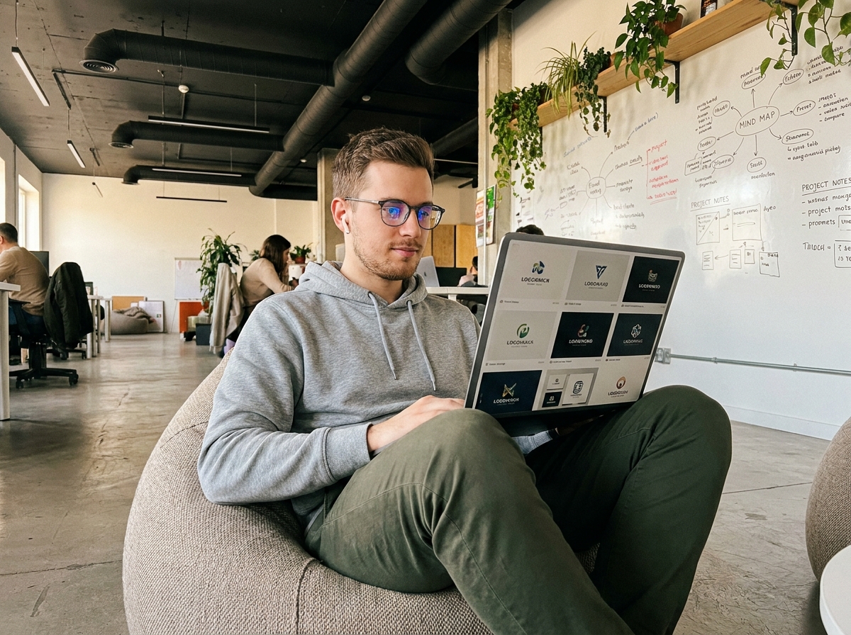 Étudiant en design graphique consultant son portfolio de logos sur ordinateur dans un espace coworking créatif