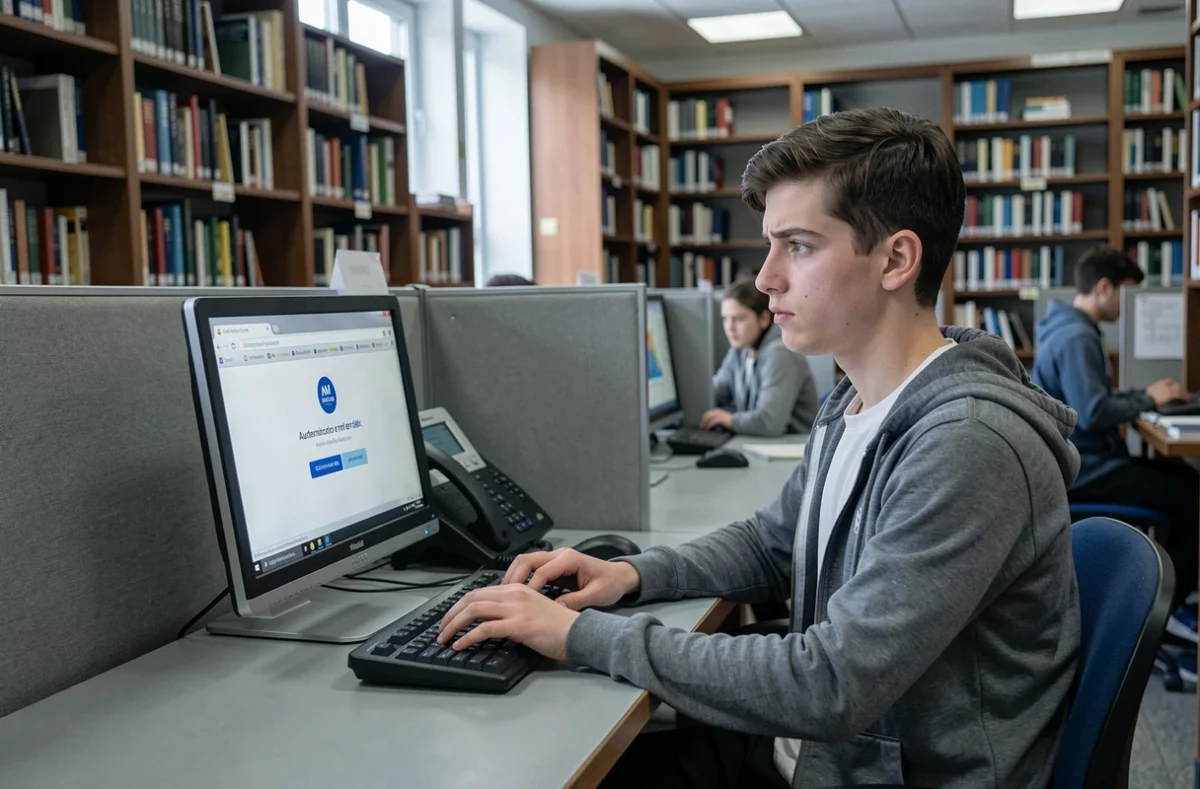 Étudiant perplexe devant un message d'erreur d'authentification sur la messagerie académique dans une bibliothèque universitaire