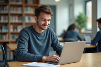 Jeune homme étudiant concentré sur son ordinateur portable dans une ambiance studieuse