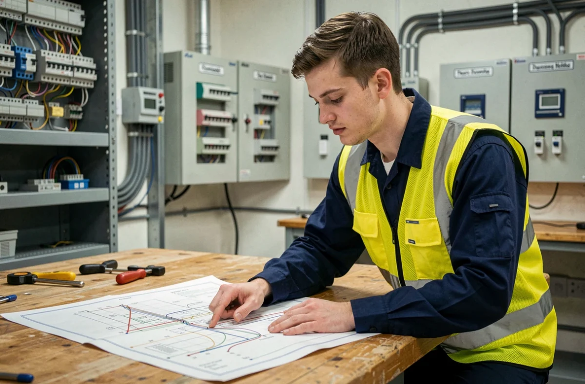 Étudiant en formation électricité BTP analysant un schéma électrique dans un atelier professionnel